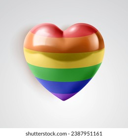 corazón arco iris 3D con bombillas y sombra sobre fondo blanco.  Símbolo LGBT. Celebración del mes del Orgullo LGBTQIA+.