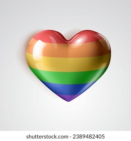 3D rainbow heart with glares and shadow on white basckground.  LGBT symbol. LGBTQIA+ Pride month celebration.
