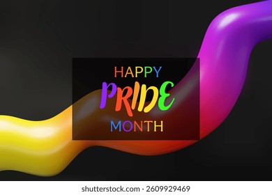 3d rainbow line on black background for Pride month. Three-dimensional vector illustration. Sexual diversity freedom for gay, transgender and LGBTQIA people. Love promotion scene. Showroom template.