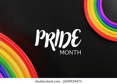 3d rainbow lines on black background for Pride month. Three-dimensional vector illustration. Sexual diversity freedom for gay, transgender and LGBTQIA people. Love promotion scene. Showroom template.
