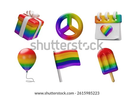 3d rainbow set of symbol of peace, gift box, calendar, balloon, flag and ice cream . Three-dimensional vector illustration. Romantic symbol of communication between LGBTQIA people. Pride month.