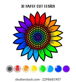 3D rainbow Sunflower. Vector paper or laser cut template. Flower silhouette. Summer illustration. Isolated on white background. Decorative symboll.