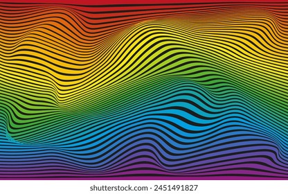 3D Rainbow Swirl Wave Liquid líneas patrón. Bandas de gradien dinámico en fondo negro. Concepto de lujo del mes del Orgullo, Digital, Comunicación, Ciencia, Música en el estilo de moda de los años 90. Vector 