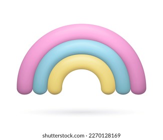 3d Rainbow weather Icon. Realistic clay three dimensional cartoon arc. Cute baby design element in pastel pink, blue and yellow colors.