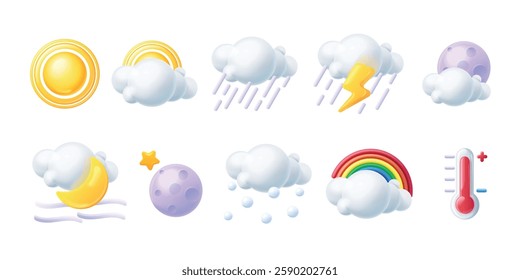 3d rainbow weather. Render climate forecast symbols, sun moon day night clouds hot thermometer lightning rain design realistic cartoon season icons set exact vector illustration original artwork