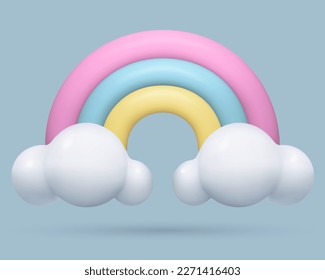 3d Rainbow with white clouds Icon on blue sky background.. Realistic three dimensional cartoon plastic weather icon. Cute baby design element in pastel pink, blue and yellow colors.