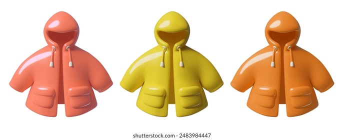 3D Regenmantel Icons Set. Kindermode tragen dreidimensionale niedliche Plastikgegenstände. Kinderjacken in Gelb, Orange und Rot mit Kapuzen-Vektorillustrationen. 