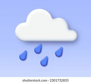 3D rainy weather icon. Cloud with water drops. Autumn and fall season. Interface for mobile app. Poster or banner for website. Meteorology and forecasts. Cartoon isometric vector illustration