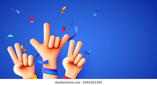 3d raised hands with confetti. Party or concert concept. Vector illustration