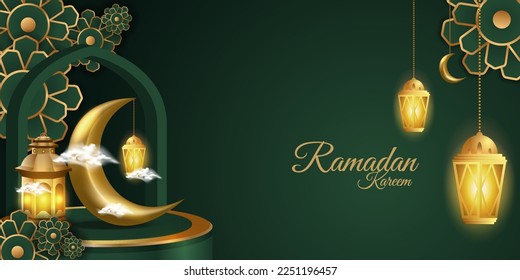 3D Ramadan decoration on green and gold. Islamic header or horizontal banner luxury look. Special day of ramadan, eid mubarak, muslim event,  with lantern moon and a flower. Vector illustration