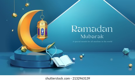 3d Ramadan evening concept scene design. Crescent moon decor displayed on podium with Quran book, rosary and polyhedron shapes. Suitable for Islamic holiday promo. - Shutterstock ID 2132963139