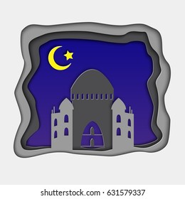 3d Ramadan greeting card with crescent in deep blue night sky and mosque. Arabic ornament. Ramadan Kareem festival design. Vector illustration.