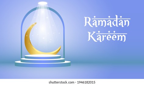 3d Ramadan Kareem background with blue Crescent and podium.