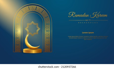 3d fondo ramadan kareem en azul y oro con ilustración vectorial de luz.islamic