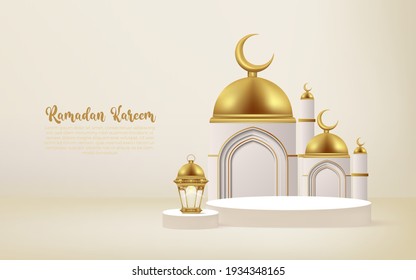 3d Ramadan Kareem Background With Golden Lamp And Podium.