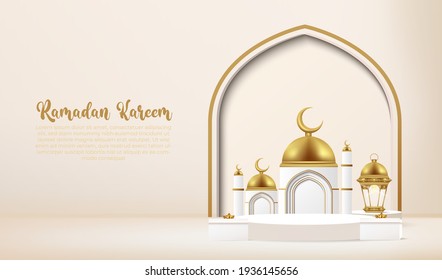 3d ramadan kareem background with golden lamp lantern, gift box and podium.