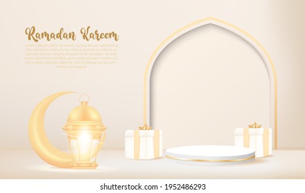 3d ramadan kareem background with golden lamp and podium.