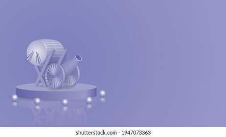 3d Ramadan Kareem blue pastel background, Islamic design, pearl, realistic 3d drum and cannon . Vector illustration.