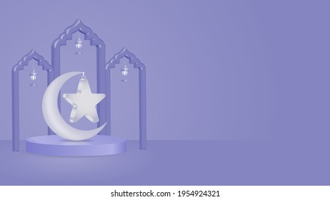 3d Ramadan Kareem blue pastel background, Islamic design, crescent moon. Vector illustration three dimensional.