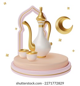 3d Ramadan Kareem Konzept mit islamischem Wasser Jar Kumgan und Metal Crescent Moon Plasticine Cartoon Stil. Vektorgrafik