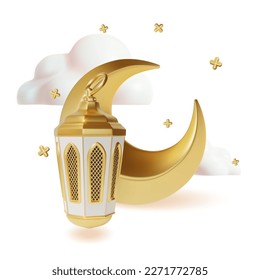 3d Ramadan Kareem Concept with Metal Crescent Moon and Islamic Lantern Fanoos Plasticine Cartoon Style. Vector illustration