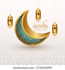 3d Ramadan Kareem Eid Mubarak design. Islamic golden crescent moon . Translation: "Muslim fasting month and celebration day after fasting".