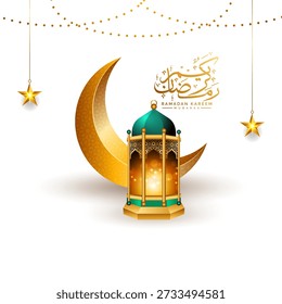 Projeto 3d Ramadan Kareem Eid Mubarak. Lua crescente dourada islâmica com lanterna dourada. Tradução: "Mês de jejum muçulmano e dia de celebração após o jejum".