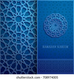 3d Ramadan Kareem Greeting Card,blue Colore Invitation Islamic Style.Arabic Circle Pattern.Islamic Brochure