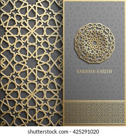 3d Ramadan Kareem greeting card,invitation islamic style.Arabic circle golden pattern.Gold ornament on black,islamic brochure