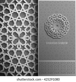 3d Ramadan Kareem greeting card,invitation islamic style.Arabic circle golden pattern.Gold ornament on black,islamic brochure