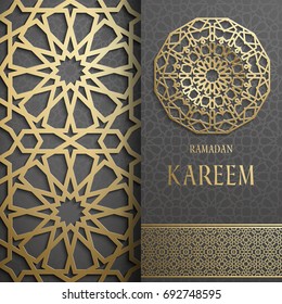 3d Ramadan Kareem greeting card,invitation islamic style.Arabic circle golden pattern.Gold ornament on black,islamic brochure