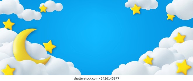 3d Ramadán Kareem Venta horizontal Cabecera o plantilla de cupón con luna de oro, nubes y estrellas en el fondo azul cielo. Lugar para texto. renderizado 3d. Ilustración de vector