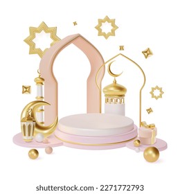 3d Ramadan Kareem Islamic Greeting Background Concept Plasticine Cartoon Style. Vector illustration of Arabic Arch Door Decor, Mosque and Lantern Displayed on Stage