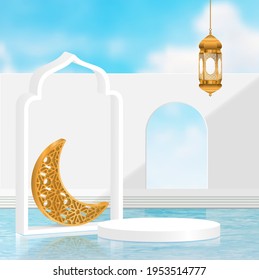 3d ramadan kareem minimal surrealism white background Translation of text : Ramadan Kareem with golden lamp and podium,illustration EPS10.