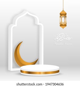 3 d fondo blanco ramadan kareem Traducción de texto : Ramadan Kareem con lámpara dorada y podio, ilustración EPS10.