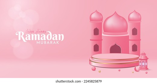 3d Ramadan Mubarak greeting and invitation card. Islamic display decoration. Beautiful slamic realistic template background on peach or pink color. Podium, lantern, moon,mosque.