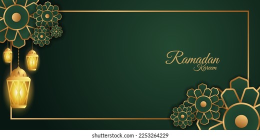 3d Ramadan Mubarak greeting and invitation card. Islamic display decoration. Beautiful premium islamic realistic template background on green color. Podium, lantern, promotion marketing arabian style