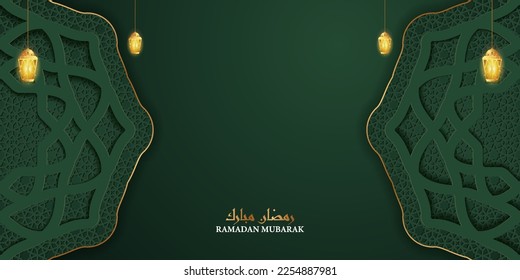 3d Ramadan Mubarak greeting and invitation card. Islamic display decoration. Beautiful premium islamic realistic template background on green color. Podium, lantern, promotion marketing arabian style
