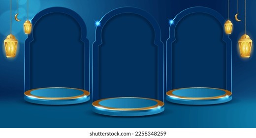 3d ramadan night banner template blue color. Islamic banner layout with lantern, door concepts.  Podium stage background vector illustration. 