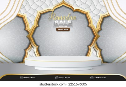 3d ramadan sale discount template banner with blank space 3d podium for product sale with islamic abstract gradient white and golden luxury background design