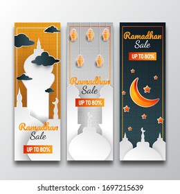 3d Ramadan Sale vertical banners with paper cut mosques, clouds, arabic lantern, crescent moon and stars. Vector Illustration for greeting card, poster and voucher. Islamic pattern background.