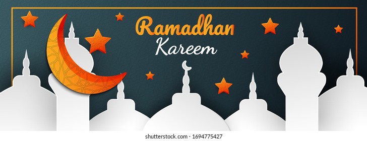 3D Ramadhan kareem banner design. white paper cut mosque with orange stars and crescent moon on blue islamic geometric pattern background. Illustration vector.