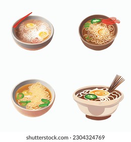 3D ramen icon on a white background with noodles, demonstrating a windy Japanese tonkotsu ramen. Presented in vector graphics.
