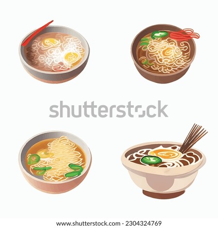 3D ramen icon on a white background with noodles, demonstrating a windy Japanese tonkotsu ramen. Presented in vector graphics.
