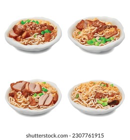 3D Ramen Noodle Artwork: Vibrant Vector Graphic for Food Restaurant. Tempting and Authentic Visual on Clean Background. Explore the Flavors of Udon! Ingredients: Tender pork slices, bamboo shoots 