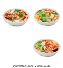 3d ramen noodle isolated vector graphic for food restaurant delicious realistic photo on white background udon crackers and grated cheese and eggs