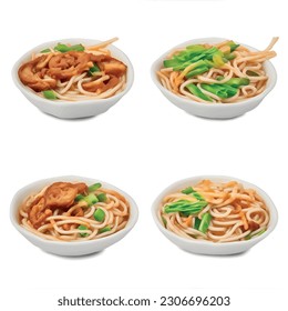3D-Ramen-Nudeln, einzelne Vektorgrafik für das Restaurant leckeres realistisches Foto auf weißem Hintergrund Udon-grüne Bohnen