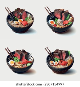 3 d fideo ramen gráfico vectorial aislado para comida restaurante deliciosa foto realista sobre fondo blanco udon con carne y nori