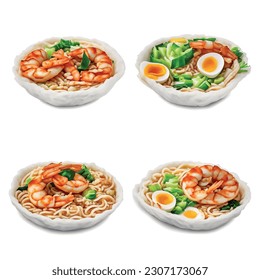 3D Ramen Noodle Isolated Vector Graphic for Food Restaurant Delicious Realistic Photo on White Background Udon: Crispy Tempura Shrimp, Scallions, Soft-Boiled Egg, Nori Seaweed, Sesame Seeds.

