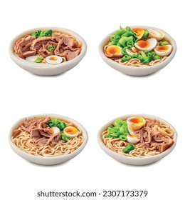 3D Ramen Noodle Isolated Vector Graphic for Food Restaurant Delicious Realistic Photo on White Background Udon: Spring Onions, Nori Seaweed, Soft-Boiled Egg, Shredded Roasted Pork, Miso Paste.

